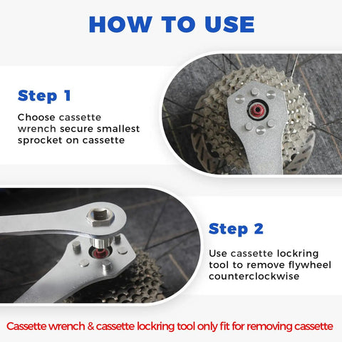 Instruction image for using cassette removal tool set with wrench and lockring tool on 10T and 11T sprockets