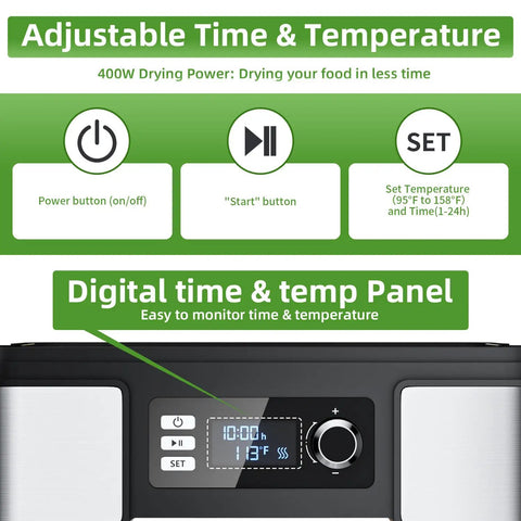 Digital control panel of Straight Up Stainless Steel Food Dehydrator For Real Deal Jerky Drying displaying time and temperature settings.