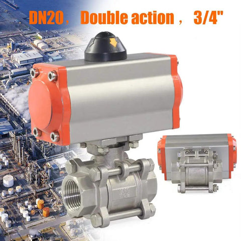 Three Quarter Inch Pneumatic Ball Valve Actuator Stainless Steel Rock-Solid Three-Piece, industrial background, DN20, 3/4 inch