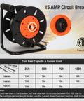 Extension Cord Storage Reel With Hand Crank, 4 Outlets, 15 Amp Overload Switch, Heavy-Duty Metal Stand, ETL Listed