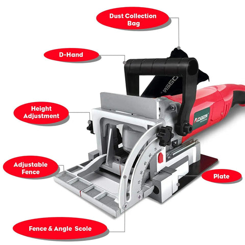 8.5 Amp Biscuit Cutter Plate Joiner Kit with D-hand, dust bag, adjustable fence, for wood joints on solid wood, plywood.