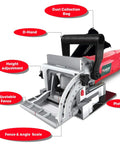No Frills 8.5 Amp Biscuit Jointer With 4 Inch Carbide Blade details including dust bag, height adjustment, and adjustable fence.