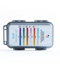 All In One Pool And Spa Water Test Kit With AI Powered App No Fuss Thick Strips in rugged case, front view showing color indicators.