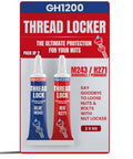 GH1200 medium strength thread locker pack, red and blue tubes for securing nuts and bolts, offering precision and spill-free application.