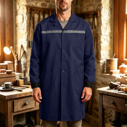 Mens Heavy Duty Mechanic Lab Coat With Reflective Safety Strips Breathable Navy Workshop Uniform worn by a man standing in a workshop.
