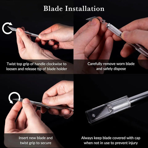 Blade installation guide for Pro Grade Hobby Knife Set With 1 Precision Craft Knife And 10 Ultra Sharp SK5 No 11 Blades.