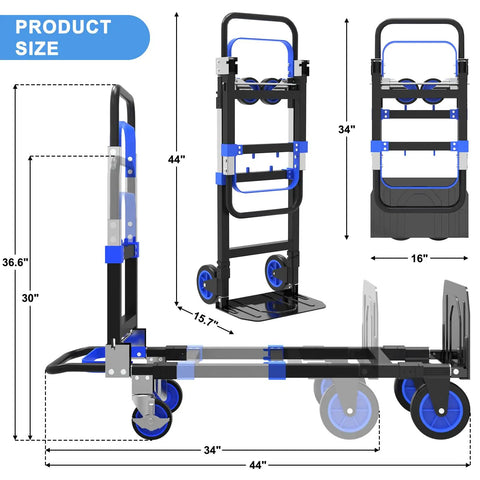 3 In 1 Folding Hand Truck With 500lbs Capacity, Convertible Dolly Cart On Wheels, Blue, dimensions illustration