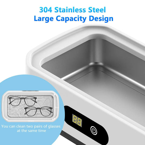 650mL ultrasonic jewelry cleaner in 304 stainless steel with large capacity; designed to clean two pairs of glasses simultaneously.