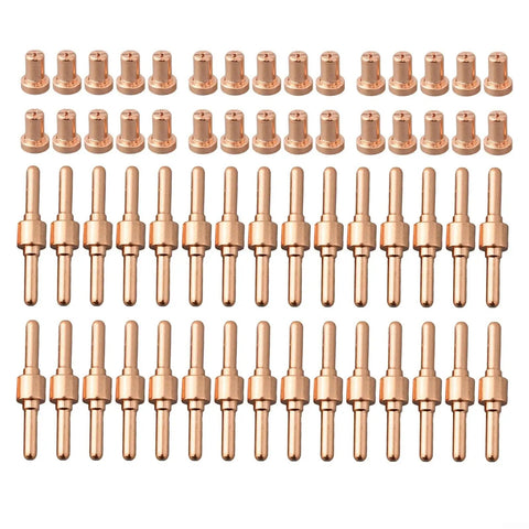 60-Piece Plasma Cutter Consumables Kit Fits PT-31 CT312 Cut 50 50A includes 30 nozzles and 30 electrodes in copper material.