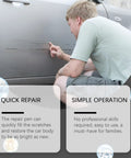 Man using Slick Car Scratch Repair Pen Set For Fast Silver Touch Up Paint And Quick Clear Coat Markers on car scratches.