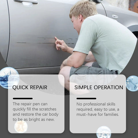 Man using Slick Car Scratch Repair Pen Set For Fast Silver Touch Up Paint And Quick Clear Coat Markers on car scratches.