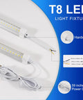 T8 LED light fixture with wiring details, including hardwire and 59-inch power cord, showcasing the V Shaped 4-Foot LED Shop Lights