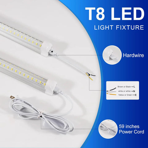 T8 LED light fixture with wiring details, including hardwire and 59-inch power cord, showcasing the V Shaped 4-Foot LED Shop Lights