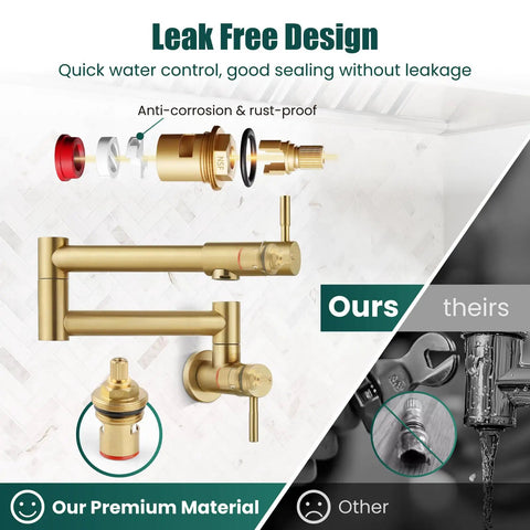 Wall Mount Pot Filler Faucet 19 Inch Folding Stretchable Kitchen Tap In Stainless Steel Brushed Gold, leak-free design
