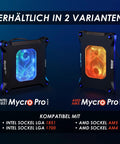 Two Mycro Pro RGB CPU waterblocks for AMD AM5 and Intel LGA 1851, showcasing blue and orange RGB lighting.