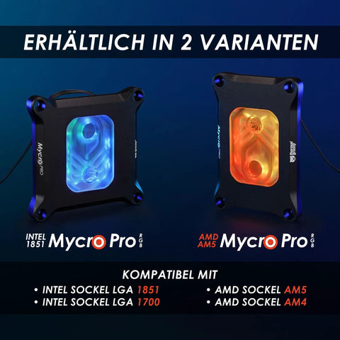 Two Mycro Pro RGB CPU waterblocks for AMD AM5 and Intel LGA 1851, showcasing blue and orange RGB lighting.