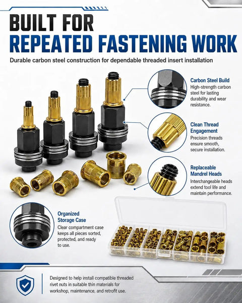 Heavy Duty Carbon Steel Rivet Nut Tool Set With Metric Mandrel Head For Installing Threaded Inserts In Sheet Metal, M3-M12 mandrels