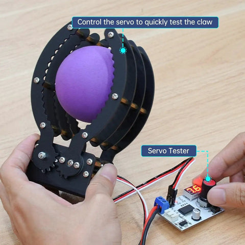 Person testing Heavy Duty Claw Gripper For DIY Projects with purple ball, full metal aluminum arm, servo not included.