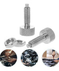 Two Pack Straight Up Heavy Duty Knurled Knobs And Indexing Plungers Quick Release Pins Spring Loaded Toolbox Locking Screws in silver.