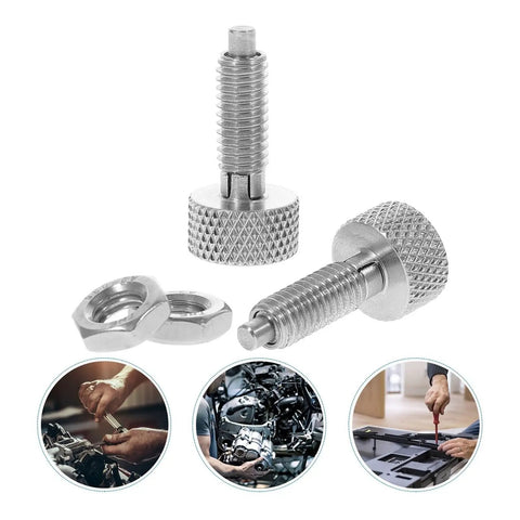 Two Pack Straight Up Heavy Duty Knurled Knobs And Indexing Plungers Quick Release Pins Spring Loaded Toolbox Locking Screws in silver.