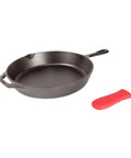Seasoned Cast Iron Skillet 12 Inch Workhorse Pan For Stove Oven Grill And Campfire With Silicone Handle Holder in black with red grip