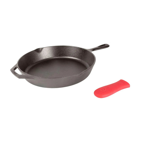 Seasoned Cast Iron Skillet 12 Inch Workhorse Pan For Stove Oven Grill And Campfire With Silicone Handle Holder in black with red grip
