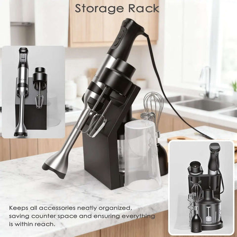 Powerhouse 1200W 8-In-1 Hand Blender With 5-Speed Precision Control Immersion Stick Mixer Set showcasing storage rack with mixer and accessories.