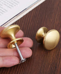 Person holding Brass Cabinet Knobs Set 30 Pack 1 Inch Gold Drawer Pulls For Dresser Kitchen Cabinets With Durable Zinc Alloy Construction and Smooth Round Disc Design