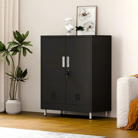 Lockable Metal Storage Cabinet With Locking Doors And Adjustable Shelves Durable Black Steel Closet For Home Office Garage