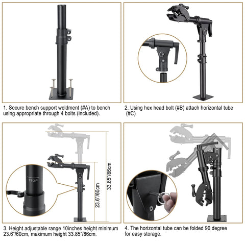 Assembly steps for 360 Degree Rotating Bike Repair Stand For Bench Mount Work Stand, E Bike And Mountain Road Bike Repair Stand, Holds Up To 88 Lbs