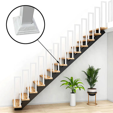 Close-up of the base of Rock Solid Two Foot White U Shaped Safety Guardrail With Decorative Cover and Non Slip Grip for Indoor or Outdoor Steps.