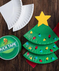 Christmas tree craft made with printed duct tape checker pattern 1.88 inch wide 10 yard roll, paper plates, and star decoration.