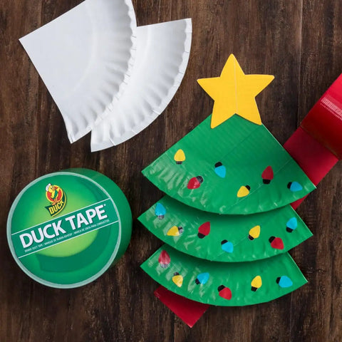 Christmas tree craft made with printed duct tape checker pattern 1.88 inch wide 10 yard roll, paper plates, and star decoration.
