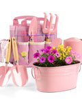 8 Piece Kids Gardening Set With Real Metal Tools Metal Basket And Tote Gloves Watering Can Shovels Rake And Ergonomic Wooden Handles