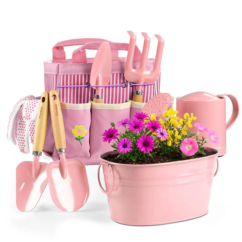 8 Piece Kids Gardening Set With Real Metal Tools Metal Basket And Tote Gloves Watering Can Shovels Rake And Ergonomic Wooden Handles