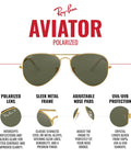 RB3025 Polarized Aviator Sunglasses Unisex 58mm Gold Frame Green Lenses For Men And Women with diagram of features