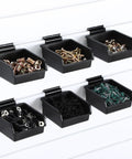 Six Piece Slatwall Bins With Hooks Set For Wall Mounted Organization In Garage Workshop Office And Tool Storage Black Built Tough For Small Parts And Accessories Grab And Go installed on white slatwall with assorted items in bins