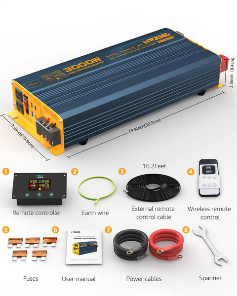 3000W Pure Sine Wave Inverter From 12V DC To 110V And 120V with accessories including remote, cables, and manual