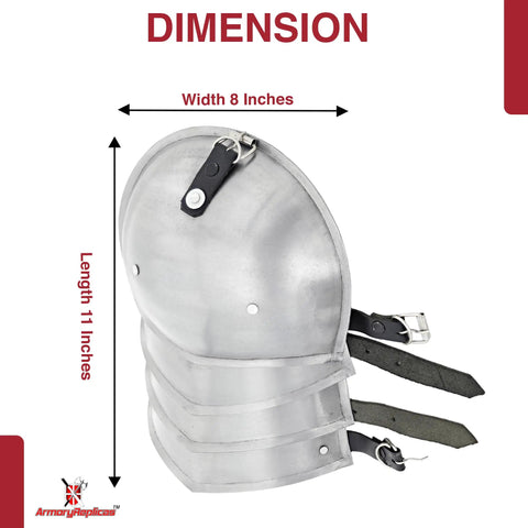Medieval Pauldron Armor For LARP And Cosplay, 16 Gauge Polished Steel Shoulder Armor dimensions with adjustable belting.