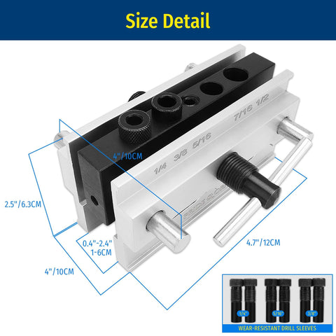Self Centering Dowel Jig Kit With Six Drill Guide Bushings For Precise Straight Holes In Woodworking Projects size detail