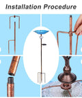 Installation steps for Solar Glass Blue Bird Bath On Metal Stake With White LED Light, includes metal stake assembly.