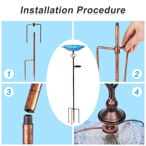 Installation steps for Solar Glass Blue Bird Bath On Metal Stake With White LED Light, includes metal stake assembly.
