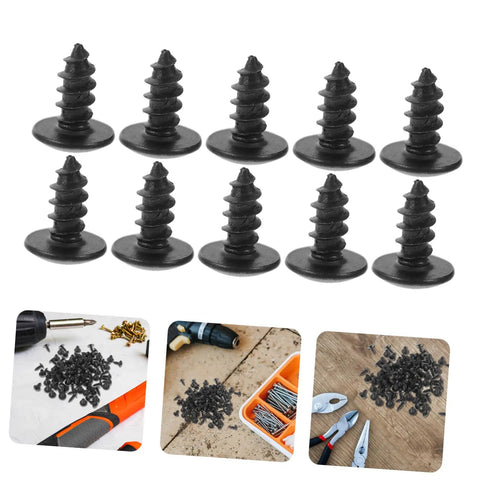 100 Pack M4 X 10mm Iron Screws Set, oxidized carbon steel fasteners with deep threads for home improvement and woodworking projects.