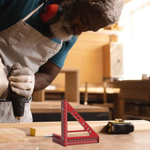 Woodworker using Pro Grade Square Scribing Ruler With Rust Resistant Aluminum, Burr Free Edges, And Five Angle Presets