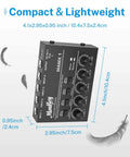 Gig Ready 4 Channel Stereo Audio Mixer USB Powered 5V console with dimensions 4.1x2.95x0.95 inches, lightweight with feathers.