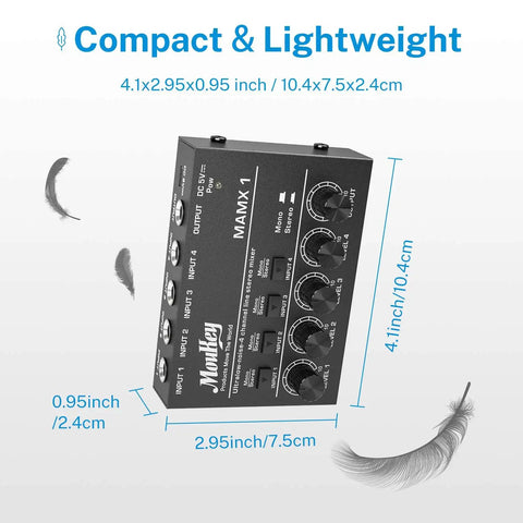 Gig Ready 4 Channel Stereo Audio Mixer USB Powered 5V console with dimensions 4.1x2.95x0.95 inches, lightweight with feathers.