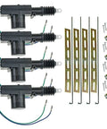 Heavy Duty Universal Car Power Door Lock Kit Featuring Four 12 Volt Actuators, metal mounting straps and installation hardware.