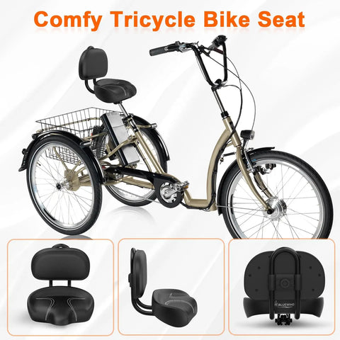 Oversized Noseless Bike Seat With Backrest 13 By 9 Inch Ultra Wide Saddle For Ebikes Tricycles And Stationary Bike Cushions Extra Thick Foam For Hip Support Noseless Design For All Day Comfort on tricycle