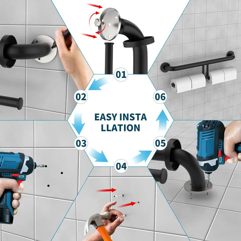 No Sweat Matte Black Grab Bar With Double Toilet Paper Roll Holder Combo installation instructions shown, highlighting secure wall mounting.