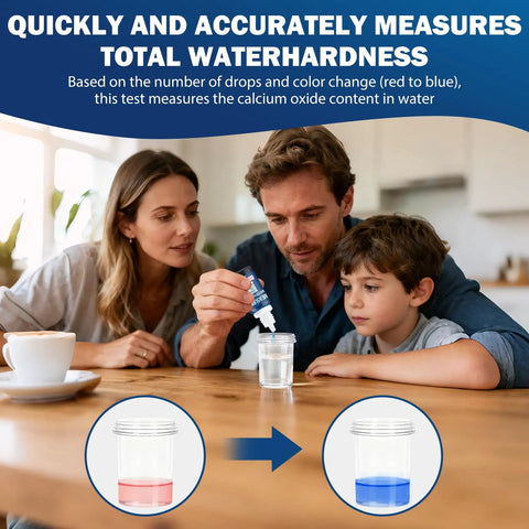 Hard Water Test Kit 10ml Quick Home Water Quality Check With Testing Solution Measuring Cup And Tube Stopper Fast Accurate Hardness Testing For On The Go Water Quality family testing water in a cup
